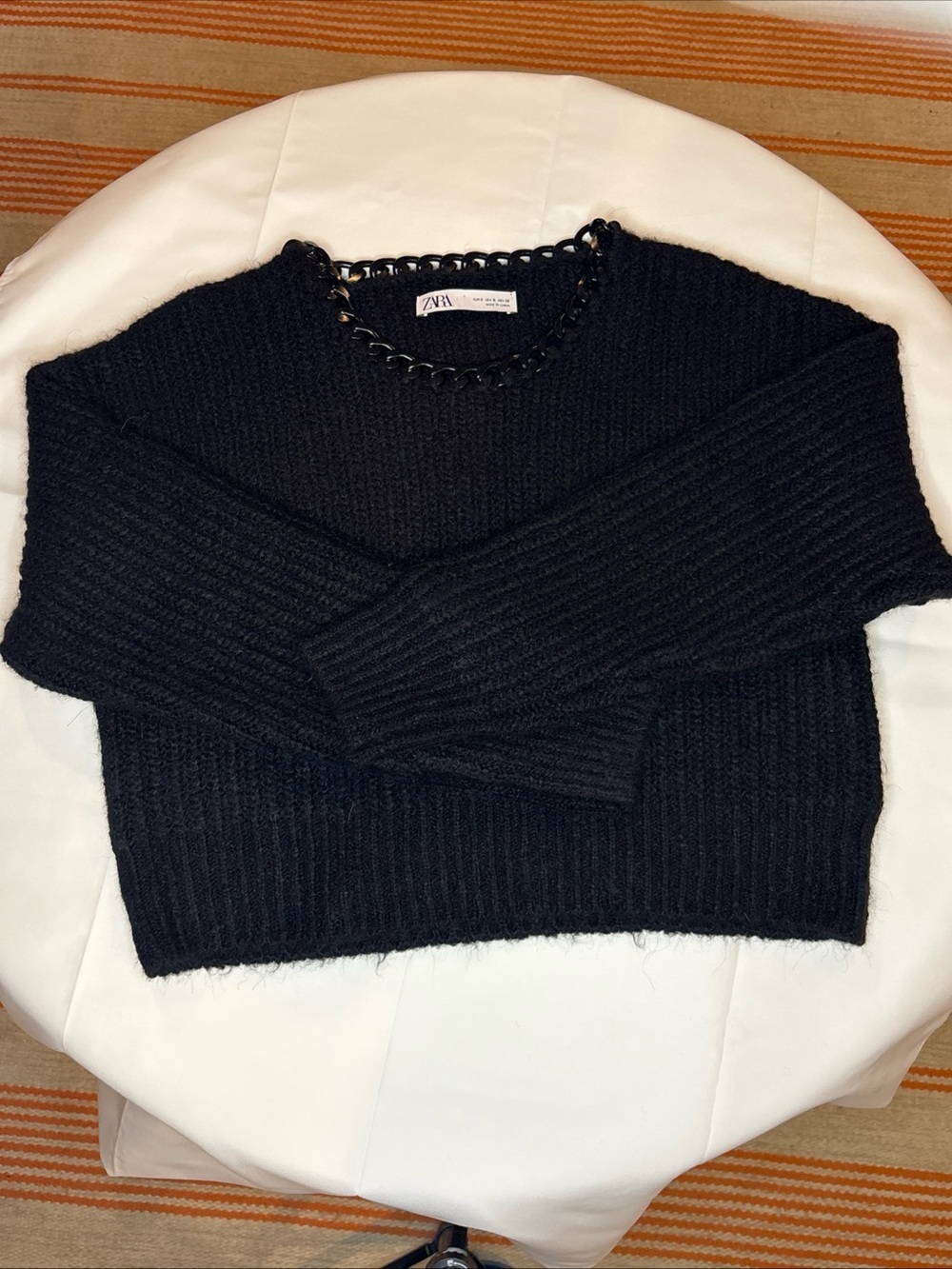 Zara Black Chain-Trim Ribbed Crewneck Sweater